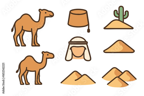 Set of desert life icons. Camel, Arab man, sand dunes, cactus, and fez hat. Vector cartoon illustration for travel to Egypt, Dubai, or Morocco. Middle East symbol pack.