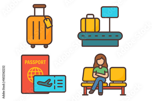 Airport travel icon set. Luggage, baggage claim, passport, and ticket. Passenger waiting for flight. Vector cartoon illustration for tourism, vacation and journey concepts.