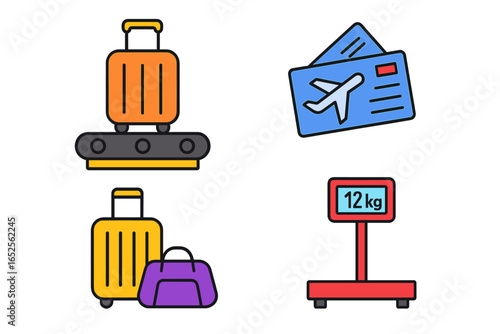 Airport travel icons set with luggage on baggage claim conveyor belt, airline tickets, suitcase, and weight scale. Vector cartoon illustration for tourism and vacation.