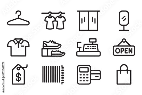Retail shopping icons set with clothes shoes barcode and cash register vector