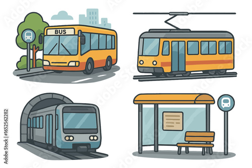 Public transport vector icon set. Urban transportation collection. City bus, tram, subway train, metro, bus stop illustration. Flat cartoon design elements for infographic.