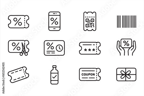 Percentage discount coupon and ticket icons set for loyalty programs and shopping