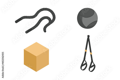 Functional training equipment icon set. Isometric vector illustrations of battle rope, medicine ball, plyo box, and suspension trainer for gym, fitness and crossfit workouts.