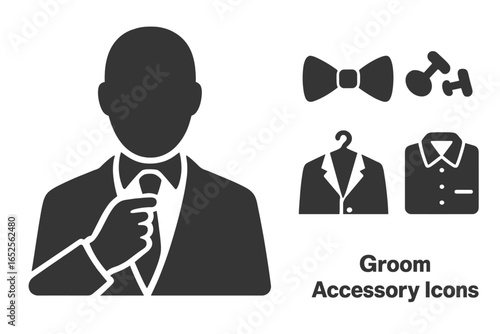 Groom accessory icons set. Wedding preparation essentials. Man in suit adjusting tie. Formal wear vector collection with bow tie, cufflinks, jacket on hanger, and shirt symbols.