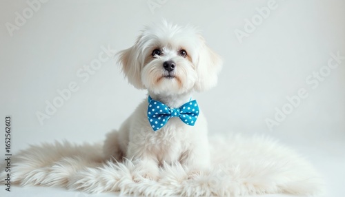 Adorable Maltese Dog with Blue Polka Dot Bow Tie Sitting Elegantly on a Soft White Rug Against a Clean White Background with Diffused Lighting