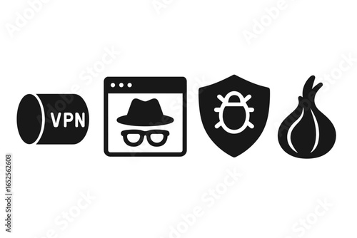 Internet privacy and security icon set. VPN tunnel, anonymous incognito browser, antivirus shield, and Tor onion router symbols. Cybersecurity and data protection concept.