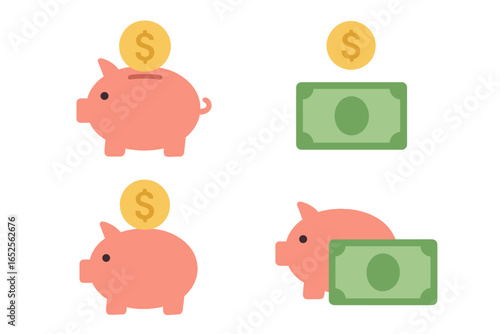 Piggy bank money saving flat icons set. Vector illustration of financial concepts like investment, banking, and budget. Pink pig money box with a dollar coin and banknote.