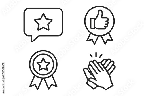 Feedback and recognition outline icon set. Vector illustration of customer review, star rating, quality award, thumbs up, and applause. Concepts for satisfaction, praise.