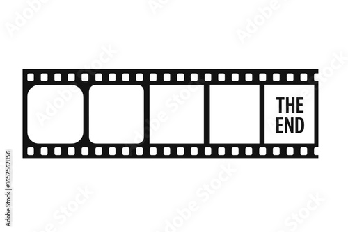 Vector film strip silhouette with empty frames and a final frame with the text The End. Seamless cinema movie tape element. Retro photo negative strip for old camera.