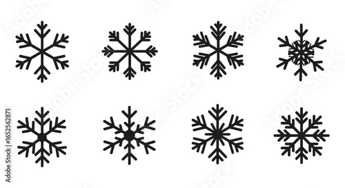 Collection of Eight Unique Black and White Snowflake Designs on a White Background