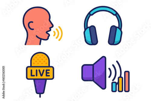 Audio icon set with microphone, headphones, speaker and voice. Concept for podcast, live broadcast, radio, streaming and music. Vector cartoon illustration for interface.