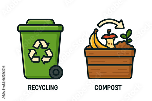 Recycling and composting vector icons. Green bin with recycle symbol and compost container for organic food waste. Waste sorting for a sustainable, eco-friendly, zero waste lifestyle.