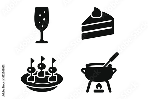 Festive food solid icons set. Party and celebration symbols. Includes champagne glass, cake slice, canapés, appetizers, and fondue pot for holiday or event design.