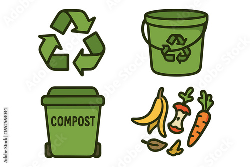 Recycling and composting icons set. Vector illustration of sustainable, eco-friendly practices. Includes compost bin, food waste, and green recycle symbol for zero waste lifestyle.