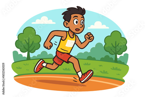 Runner boy cartoon vector. Athlete child jogging in park. Marathon race competition. Healthy lifestyle fitness. Summer outdoor sport activity. Kid running on track workout.