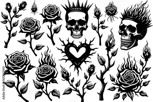 skull tattoo, flaming skull, gothic rose, black rose tattoo, crown skull, heart of thorns vector graphics