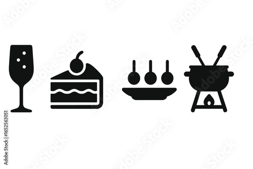 Vector icon collection for celebration and parties. Festive food and drink silhouettes. Champagne flute, birthday cake slice, gourmet appetizers, and cheese fondue pot.