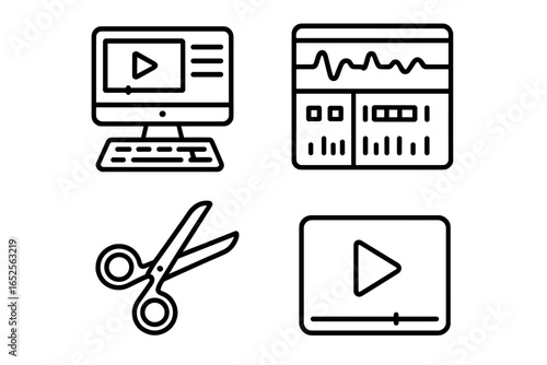 Video editing line icon set. Film post production symbols. Movie making and editing workstation, audio waveform, cut tool, timeline interface, and player signs. Vector.