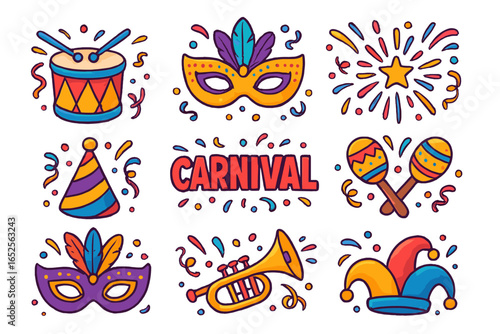Carnival festive icons set. Colorful cartoon vector illustration with mask, drum, maracas, and confetti for a party or celebration. Mardi Gras doodle sticker collection.