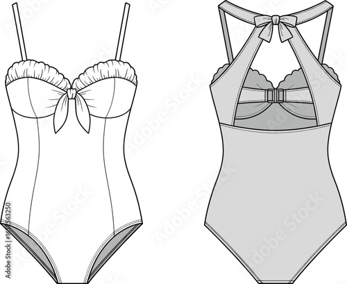 One piece swimsuit flat sketch, women swimwear template, fashion design, bow detail, ruched bust, technical drawing, apparel vector, stylish beachwear illustration