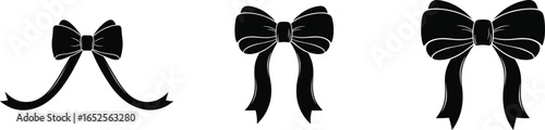 Set of decorative ribbon bows, elegant gift wrapping elements, festive black bow silhouettes, stylish ornament design for celebration, vector illustration