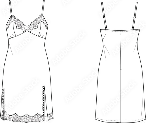 Sexy lingerie slip dress vector illustration, lace trim detail, side button slit, adjustable straps, front and back technical flat sketch