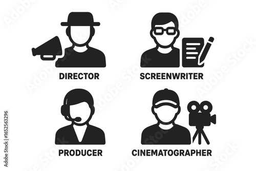 Filmmaker roles solid icon set. Film crew job symbols. Director, screenwriter, producer, cinematographer pictograms. Movie production & cinema industry vector graphics.