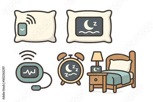 Smart pillow and sleep tracker devices for better sleep. Bedroom icon set with modern gadgets for health monitoring. Vector cartoon illustration for wellness technology.