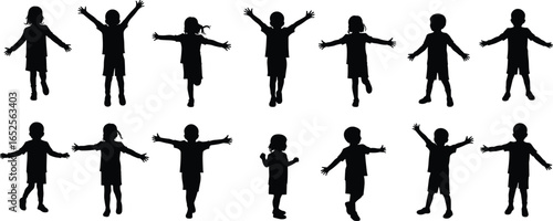 Silhouette children playing, kids with open arms, happy boys and girls, group activity illustration, childhood fun, vector black design isolated background