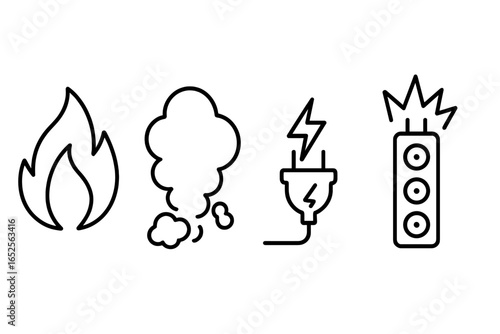 Fire hazard and electrical safety warning icons. Outline vector icon set showing flame, smoke, short circuit plug, and overloaded outlet. Line art for risk symbols.