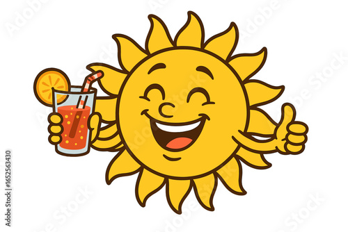 Happy sun character cartoon mascot drinking a refreshing summer cocktail. Smiling with thumbs up for fun, holiday, vacation, and relaxation. Vector for hot weather.