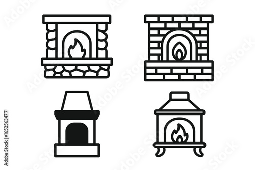 Fireplace icon set. Outline architectural elements. Stone mantel, brick hearth, chimney silhouette, iron stove vector illustration. Home comfort, heat, flame graphic symbol.