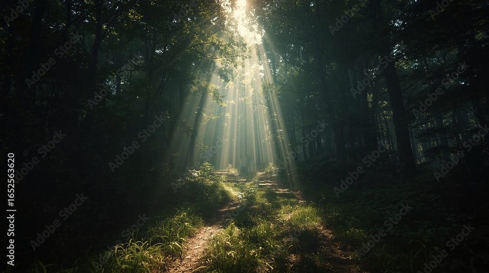 Fototapeta premium Atmospheric Sunbeams in Woodland Landscape with Mystical and Ethereal Mood 