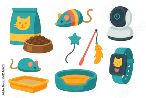Pet care accessories collection for cats. Vector icon set with food, toys, smart devices. Cat owner items like litter box, bed, tracker, and home camera. Flat cartoon.