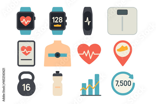 Fitness and health tracking icon set. Wearable technology, smartwatch, heart rate monitor, step counter, scale, EKG, cardio workout symbols. Sport data analytics vector.