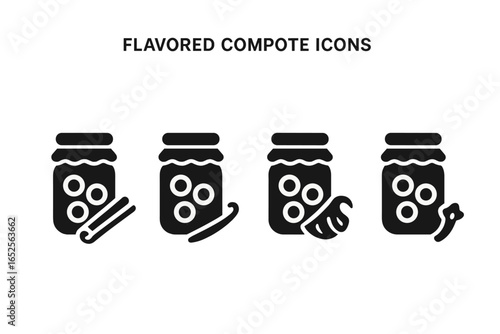 Flavored compote solid icons set. Jam jar glyphs with cinnamon, vanilla pod, lemon zest, clove spice. Homemade preserve, fruit spread vector illustration collection.