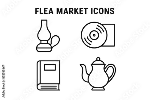 Flea market outline icon set. Collection of vintage treasures and antique objects. Kerosene lamp, vinyl record, old book, and teapot simple line art vector illustration.