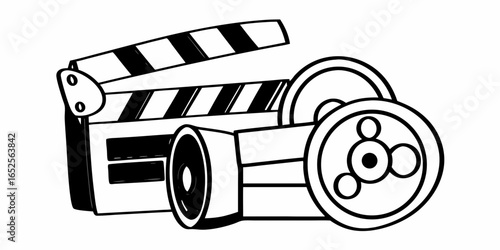 Illustration of a movie clapper board and film reels in black and white outline style design element