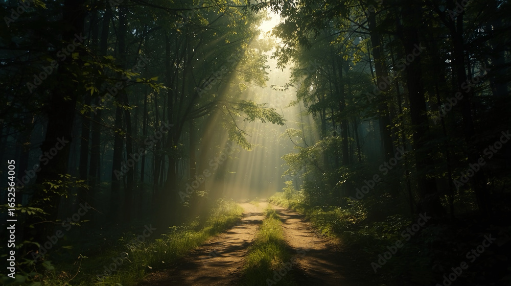 Obraz premium Atmospheric Scenic Forest Path with Sun Rays Breaking Through the Canopy 