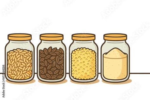 Set of glass jars with grains, coffee beans, lentils, and flour for kitchen pantry storage. Minimalist vector illustration for food organization and healthy lifestyle.
