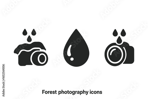 Photography in rain icon set. Solid glyph vector icons of camera with waterproof cover, water drops. Weather protection gear for photographers. Outdoor shooting symbol.