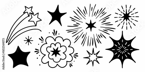 Collection of hand drawn black and white stars with different shapes and decorative elements in vector format