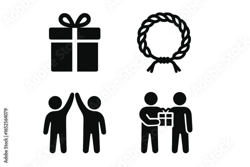 Friendship and gift giving solid icon set. Celebrating friendship, teamwork with handmade gifts, wrapped box, and high five. Vector glyphs for relationships and sharing.