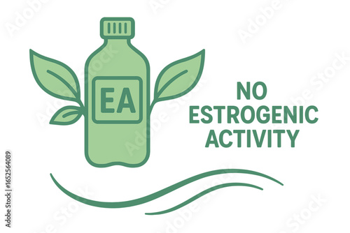 No Estrogenic Activity label icon. EA-free symbol for safe plastic products. Non-toxic packaging concept with bottle and leaves. Vector for health and safety materials.