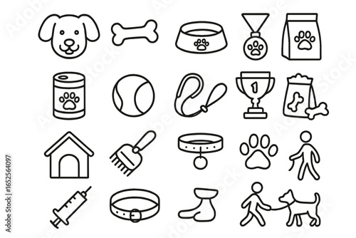 Dog pet care line icon set. Vector collection of simple outline symbols for vet clinic, pet shop. Canine accessories, food, grooming, toys, training, walking illustration.