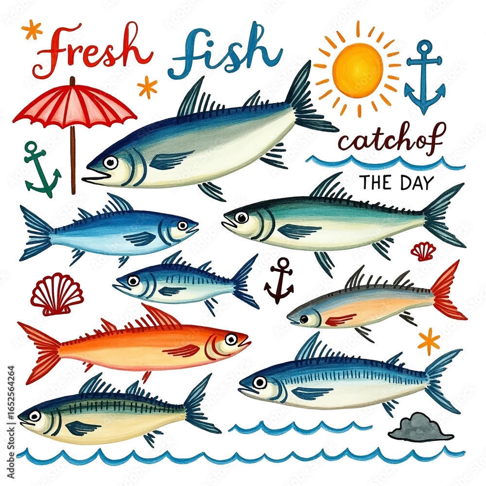 Naklejka premium Set of cartoon fish and marine animals on white background