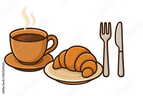 Breakfast with hot coffee and croissant vector cartoon. Steaming coffee cup, fresh french pastry on a plate with cutlery. Concept for cafe menu, bakery, morning meal, brunch.