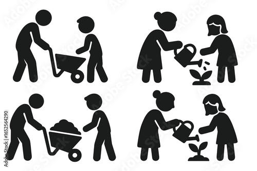 Intergenerational gardening icon set. Seniors and youth collaborating on garden projects. People planting and watering. Family teamwork with wheelbarrow and soil.