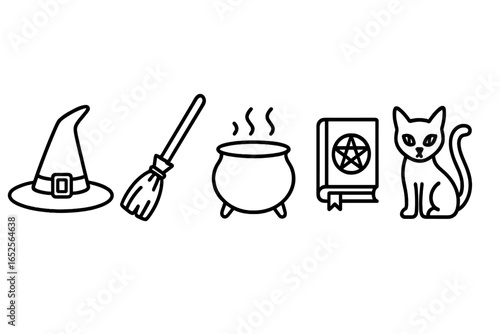 Witchcraft line icon set. Gothic magic symbols. Witch hat, broomstick, cauldron, spell book, black cat. Halloween, pagan, wicca, occult vector elements collection.