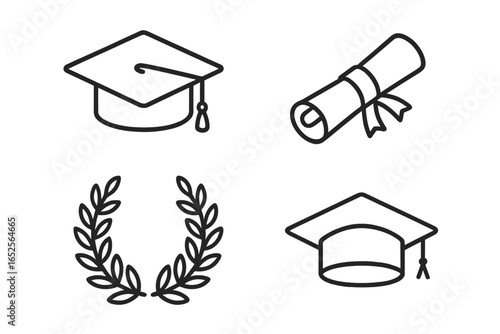 Graduation icon set. Outline symbols for university, college, and academic achievement. Mortarboard cap, diploma scroll, laurel wreath. Education success vector concept.